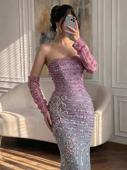 Luxury Pink Gradient Beaded Mermaid Evening Dress LA73532