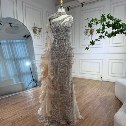 Luxury Nude Crystal Beaded Mermaid Evening Dress Formal Gown with Cape LA73533