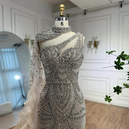 Luxury Nude Crystal Beaded Mermaid Evening Dress Formal Gown with Cape LA73533