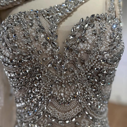 Luxury Nude Crystal Beaded Mermaid Evening Dress Formal Gown with Cape LA73533