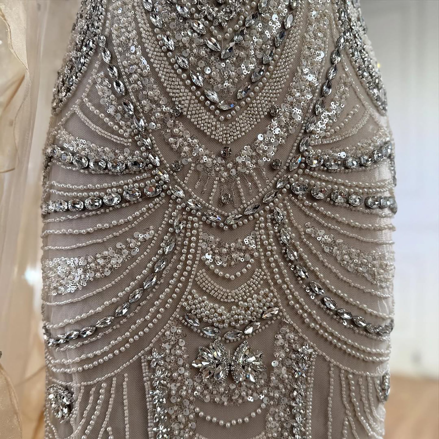 Luxury Nude Crystal Beaded Mermaid Evening Dress Formal Gown with Cape LA73533