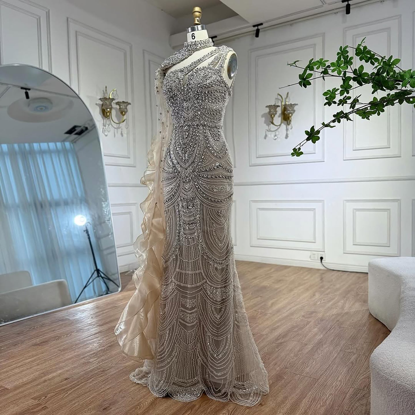 Luxury Nude Crystal Beaded Mermaid Evening Dress Formal Gown with Cape LA73533