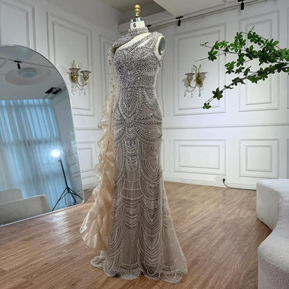 Luxury Nude Crystal Beaded Mermaid Evening Dress Formal Gown with Cape LA73533