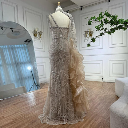 Luxury Nude Crystal Beaded Mermaid Evening Dress Formal Gown with Cape LA73533