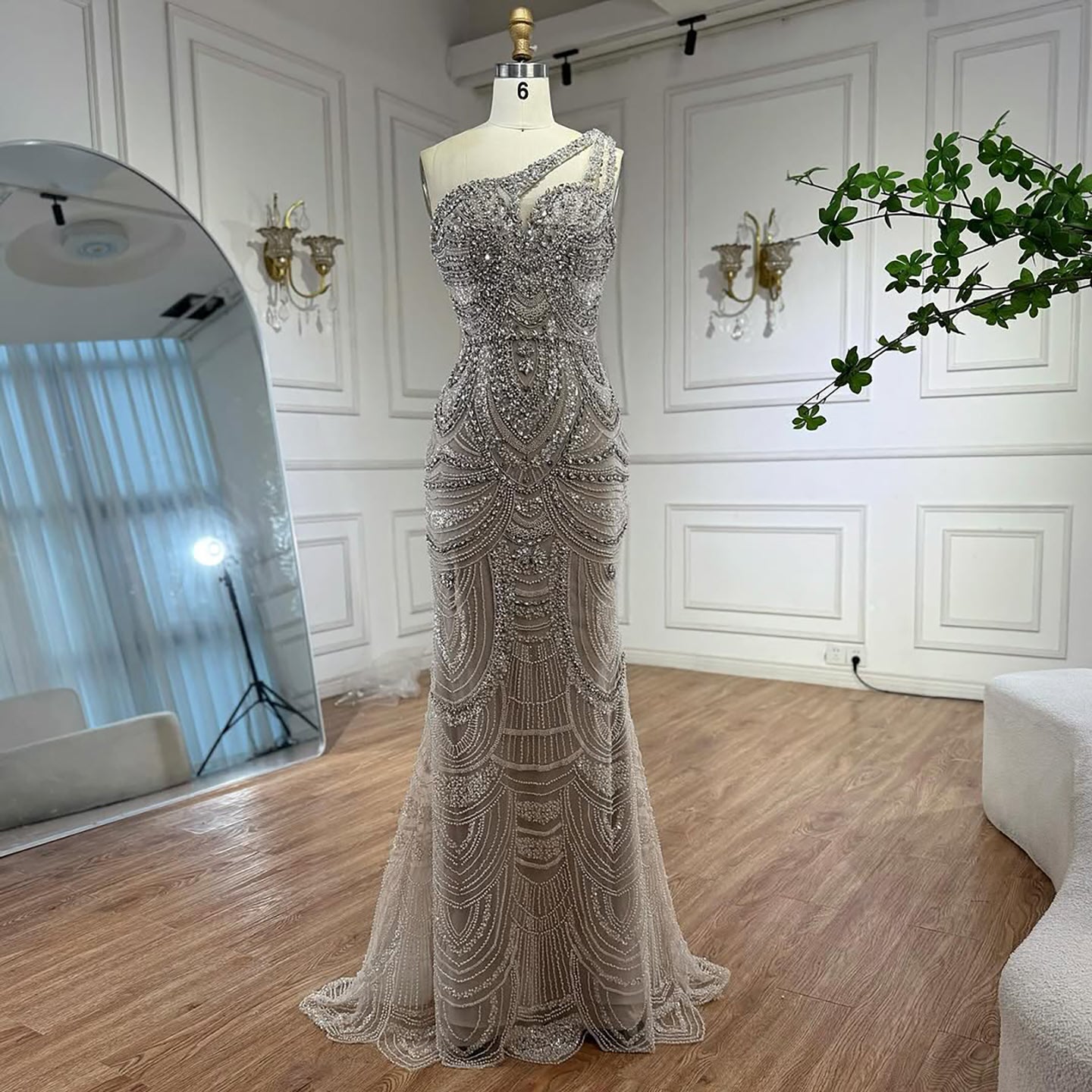 Luxury Nude Crystal Beaded Mermaid Evening Dress Formal Gown with Cape LA73533