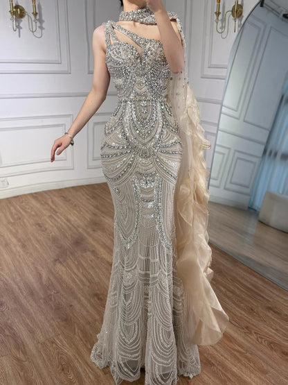 Luxury Nude Crystal Beaded Mermaid Evening Dress Formal Gown with Cape LA73533
