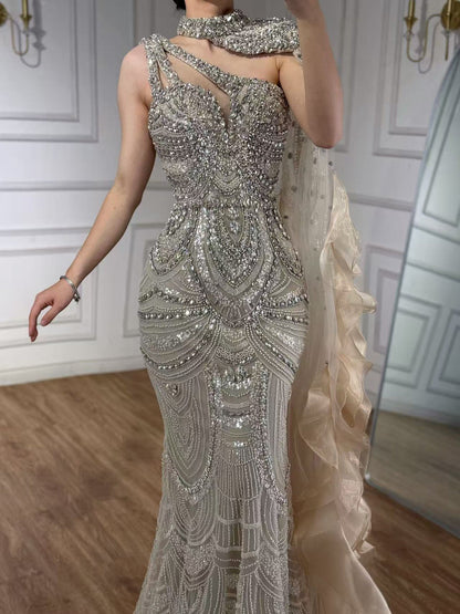 Luxury Nude Crystal Beaded Mermaid Evening Dress Formal Gown with Cape LA73533