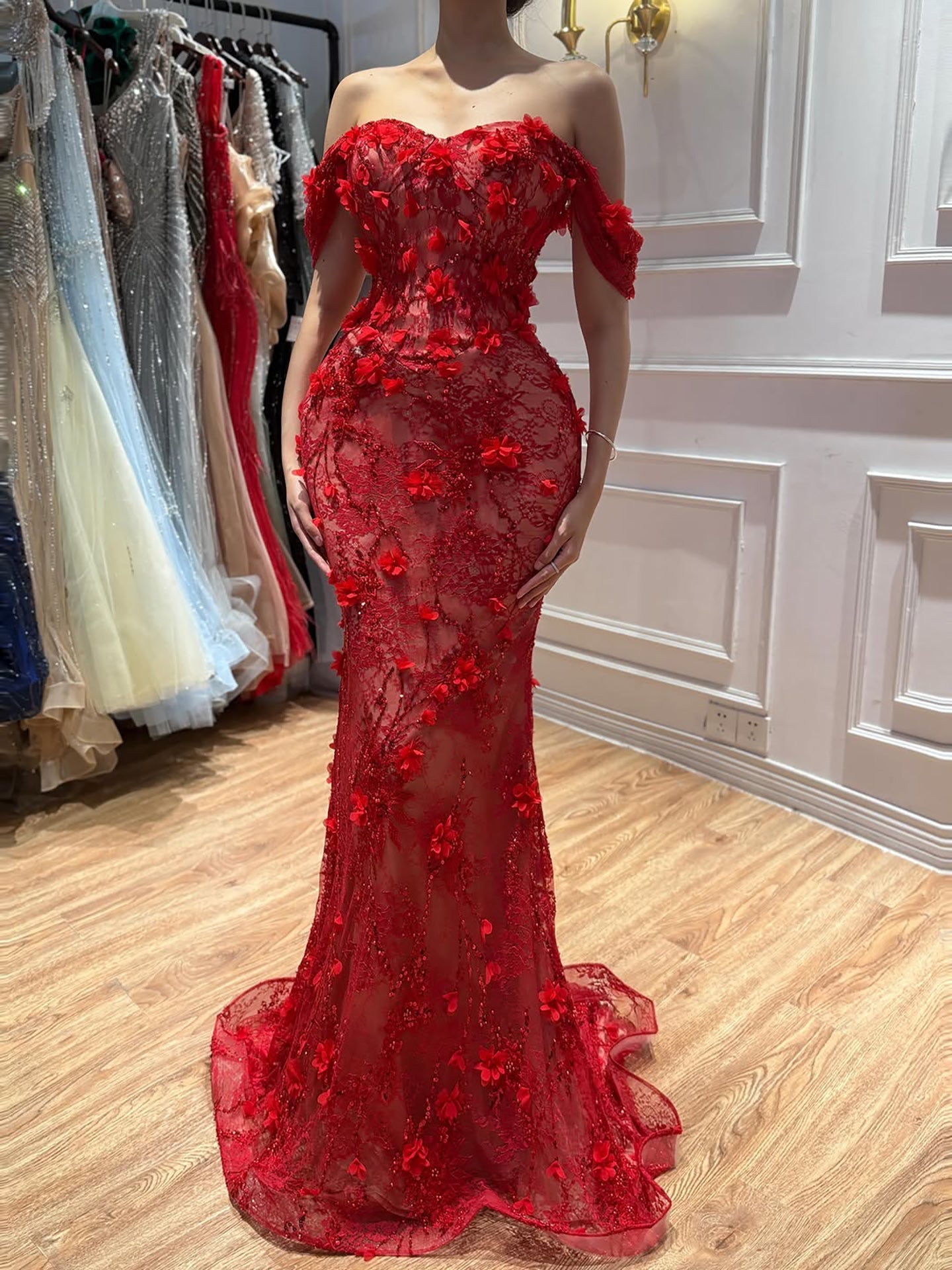 Luxury Stunning Glory Red Strapless 3D Floral Maxi Dress LA73537