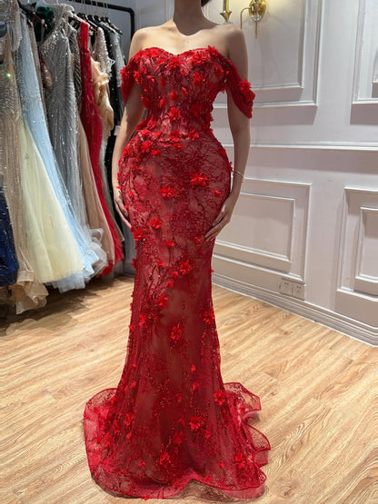 Luxury Stunning Glory Red Strapless 3D Floral Maxi Dress LA73537