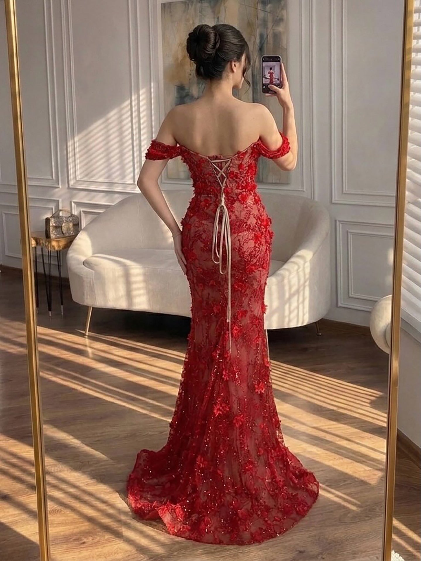 Luxury Stunning Glory Red Strapless 3D Floral Maxi Dress LA73537