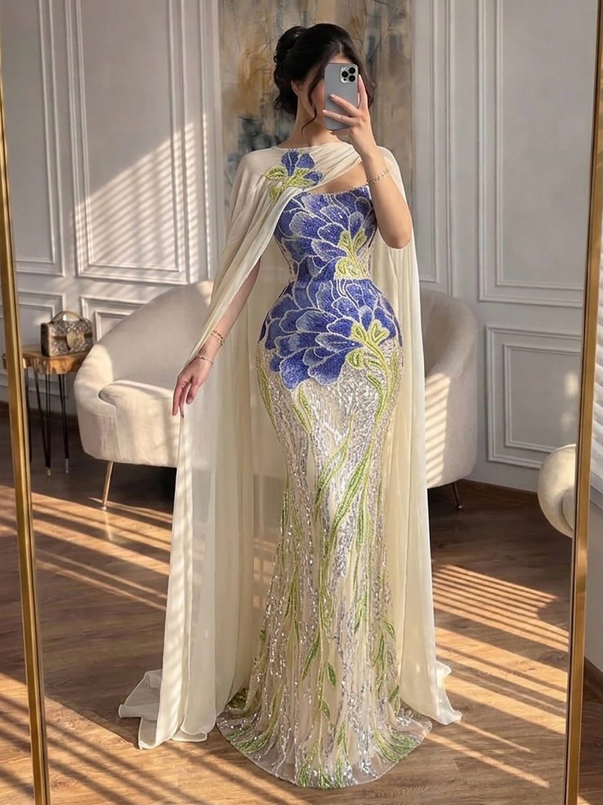 Luxury Purple Flower Beaded Evening Dress with Cape for Party LA73538A