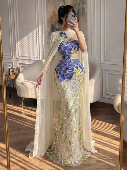 Luxury Purple Flower Beaded Evening Dress with Cape for Party LA73538A