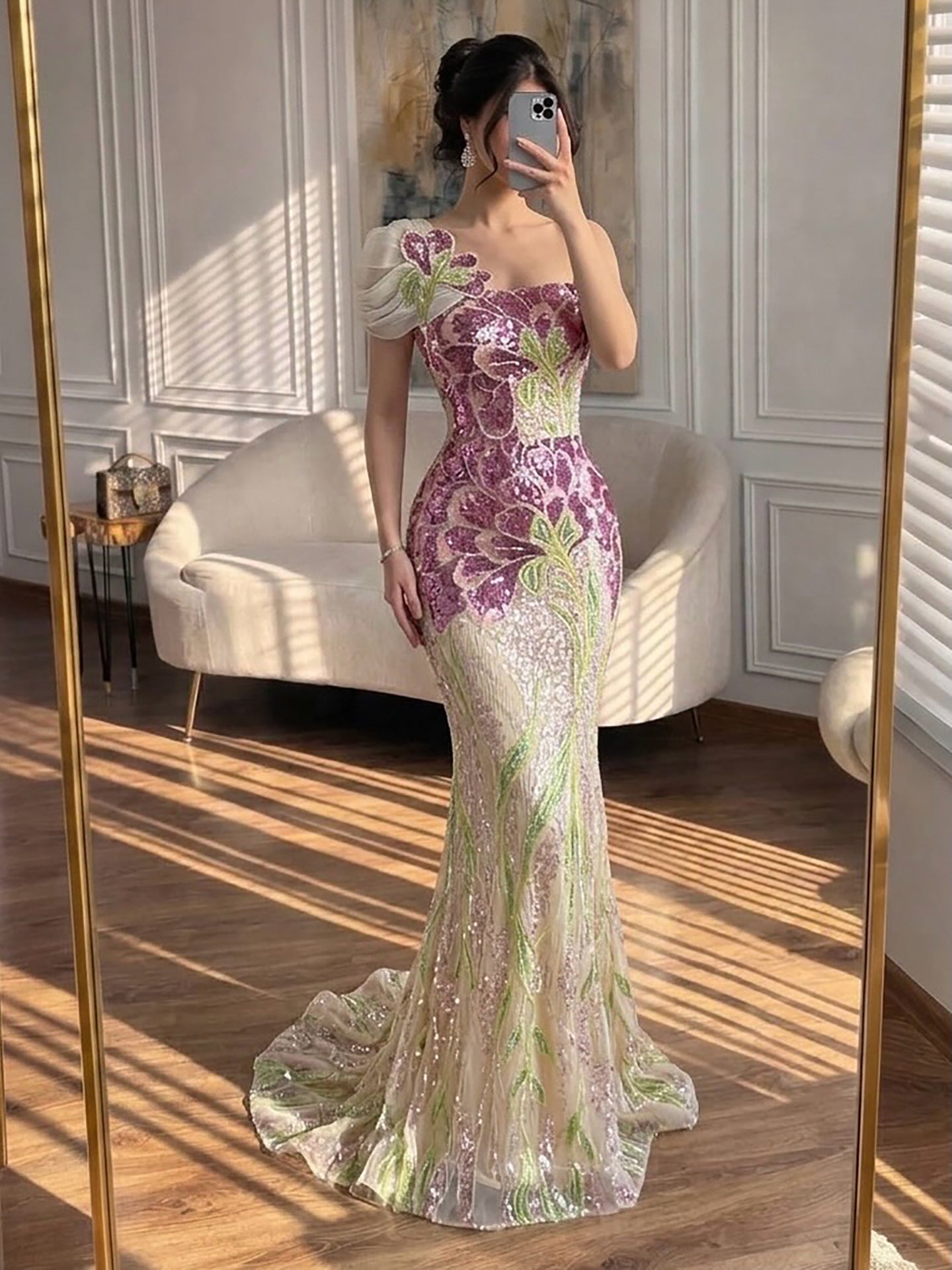 Luxury Purple Flower Beaded Evening Dress with Cape for Party LA73538A