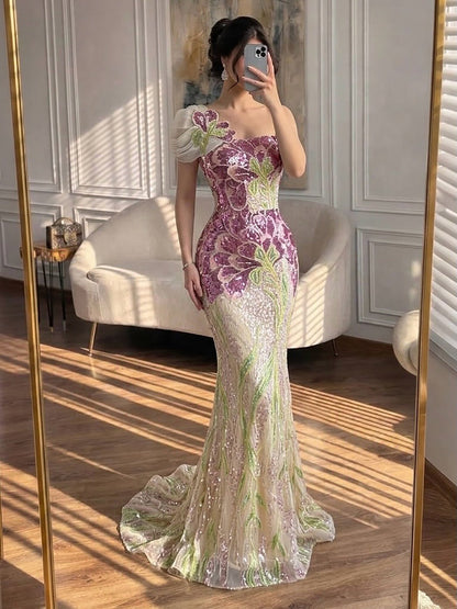 Luxury Purple Flower Beaded Evening Dress with Cape for Party LA73538A