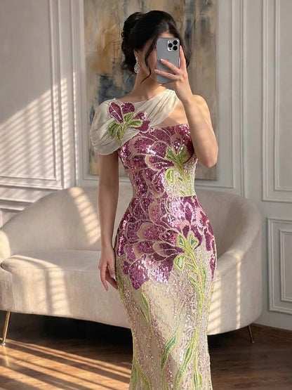Luxury Purple Flower Beaded Evening Dress with Cape for Party LA73538A