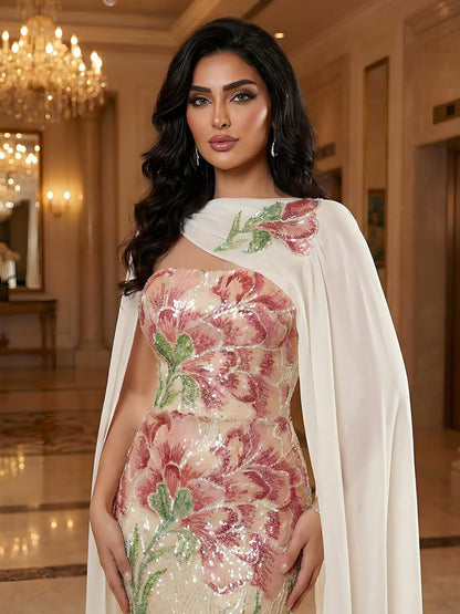 Luxury Purple Flower Beaded Evening Dress with Cape for Party LA73538A