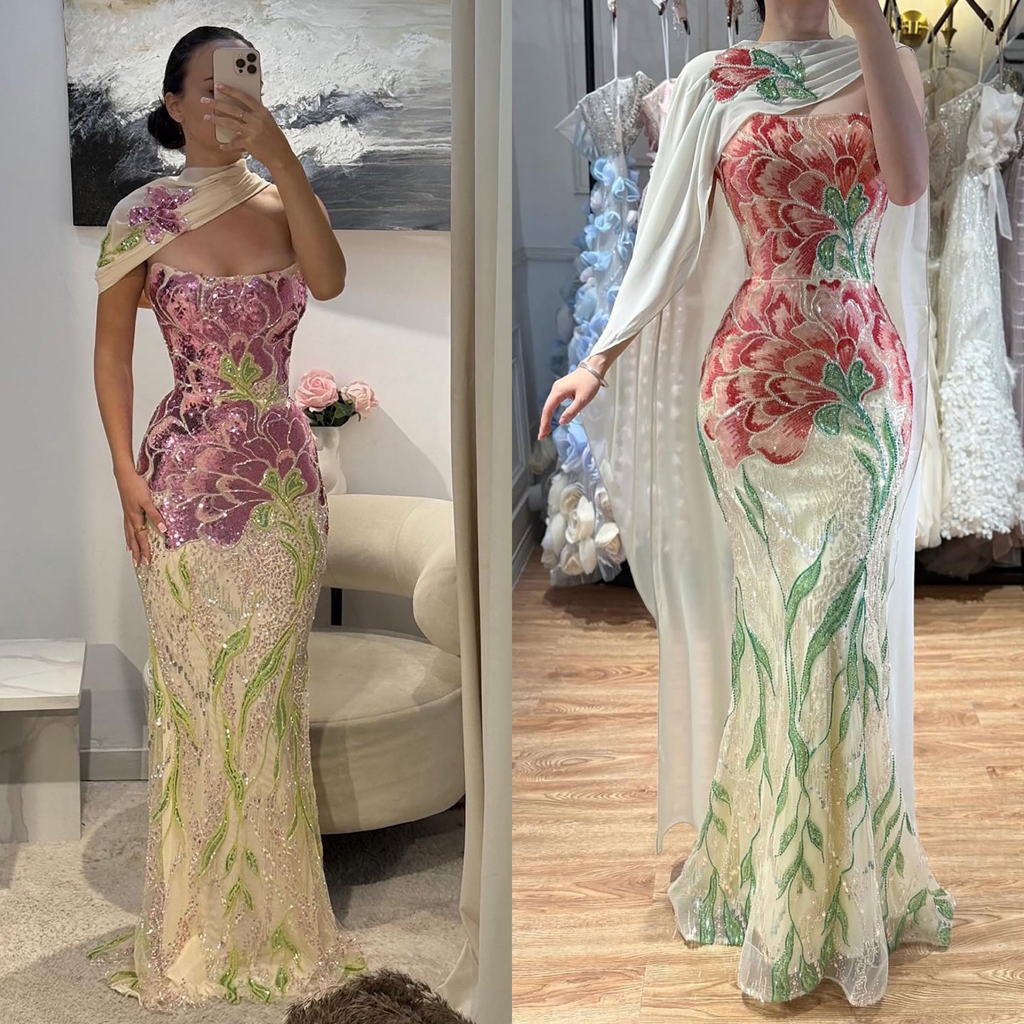 Luxury Purple Flower Beaded Evening Dress with Cape for Party LA73538A
