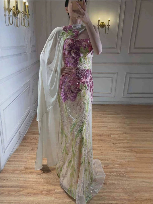 Luxury Purple Flower Beaded Evening Dress with Cape for Party LA73538A