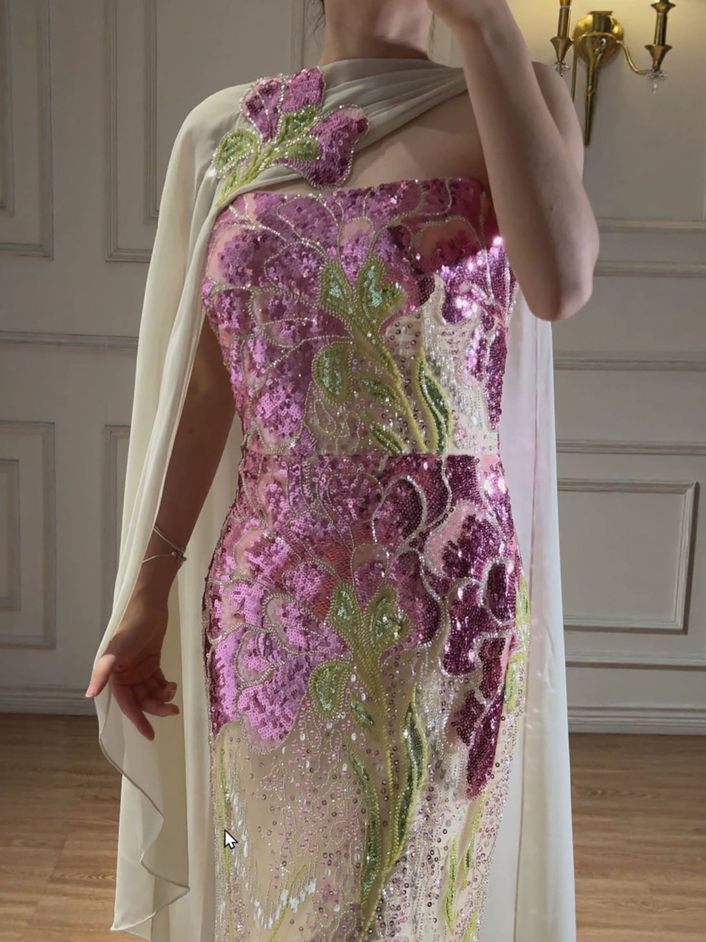 Luxury Purple Flower Beaded Evening Dress with Cape for Party LA73538A