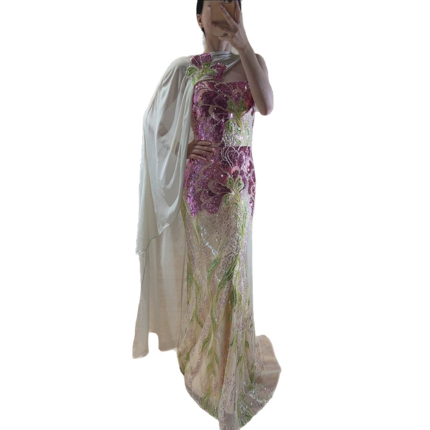Luxury Purple Flower Beaded Evening Dress with Cape for Party LA73538A