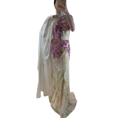 Luxury Purple Flower Beaded Evening Dress with Cape for Party LA73538A