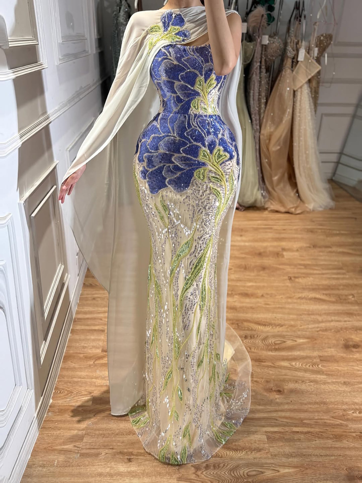 Luxury Purple Flower Beaded Evening Dress with Cape for Party LA73538A
