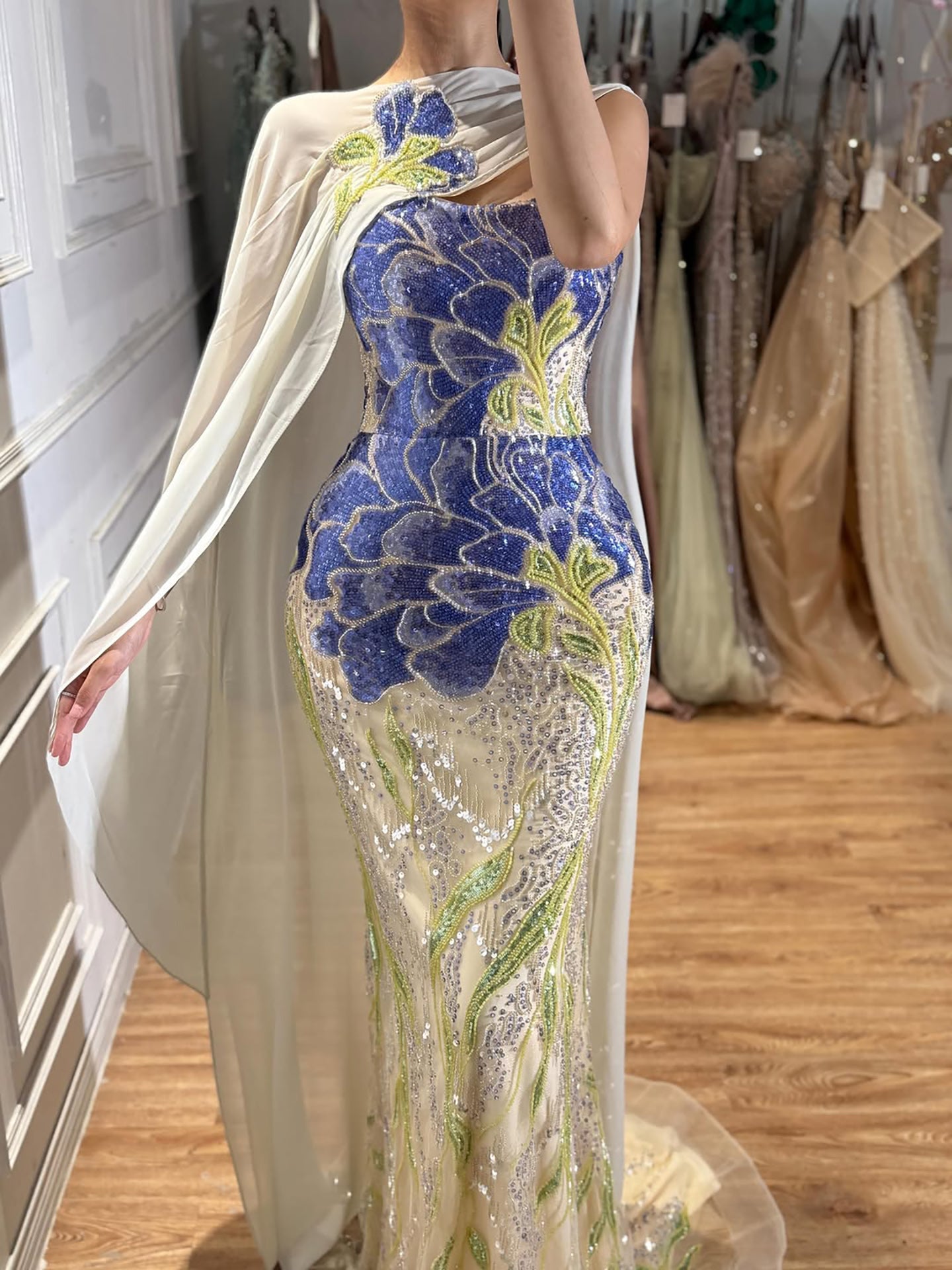 Luxury Purple Flower Beaded Evening Dress with Cape for Party LA73538A