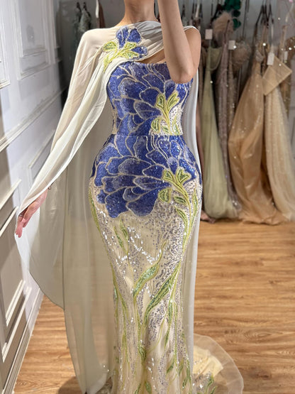 Luxury Purple Flower Beaded Evening Dress with Cape for Party LA73538A