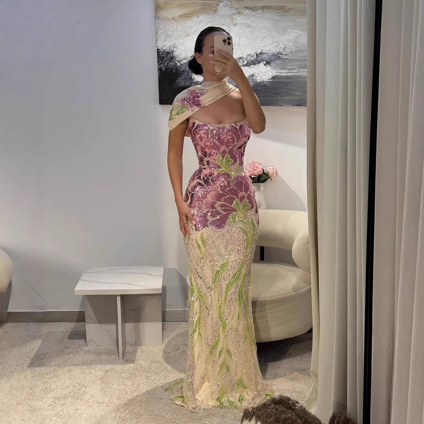 Luxury Purple Flower Beaded Evening Dress with Cape for Party LA73538A