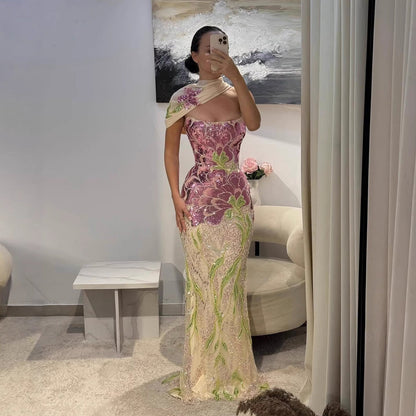 Luxury Purple Flower Beaded Evening Dress with Cape for Party LA73538A