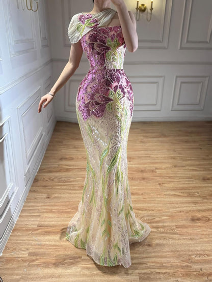 Luxury Purple Flower Beaded Evening Dress with Cape for Party LA73538A