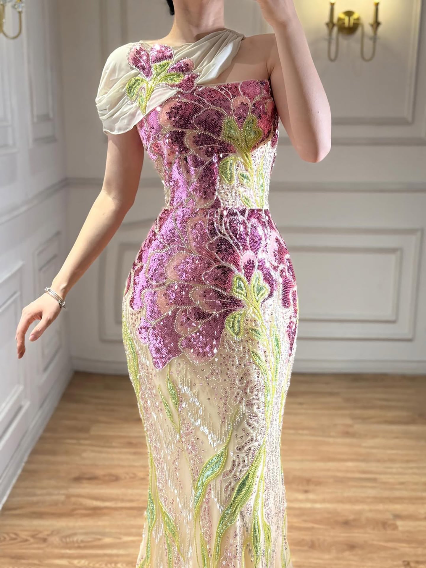 Luxury Purple Flower Beaded Evening Dress with Cape for Party LA73538A
