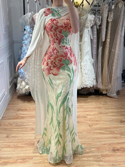 Luxury Purple Flower Beaded Evening Dress with Cape for Party LA73538A
