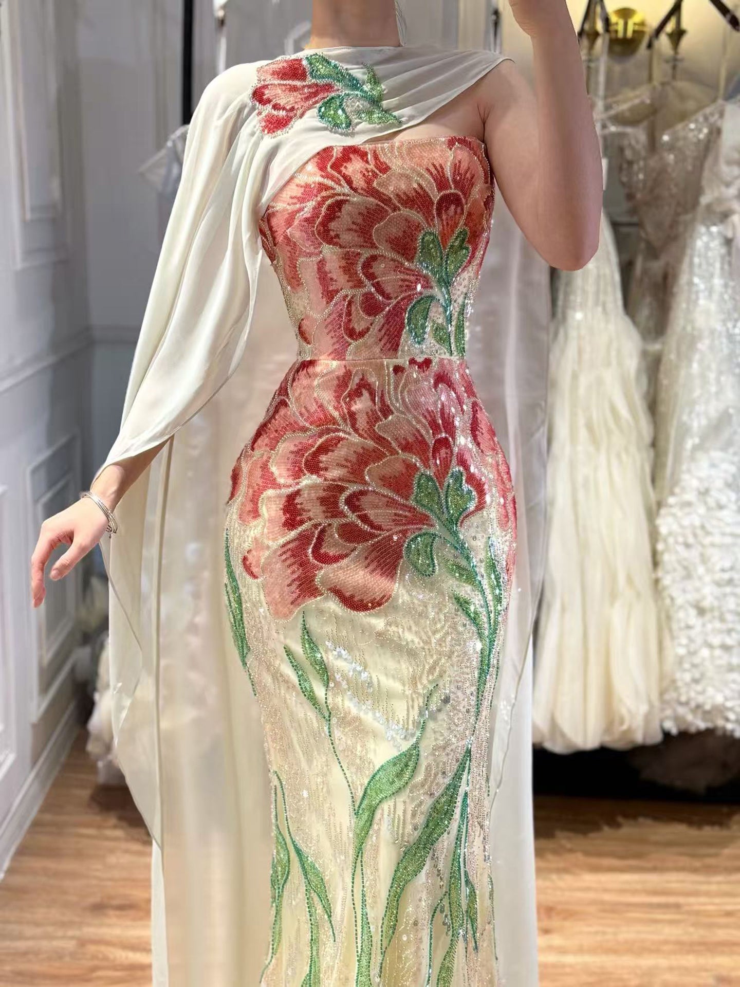 Luxury Purple Flower Beaded Evening Dress with Cape for Party LA73538A