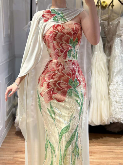 Luxury Purple Flower Beaded Evening Dress with Cape for Party LA73538A