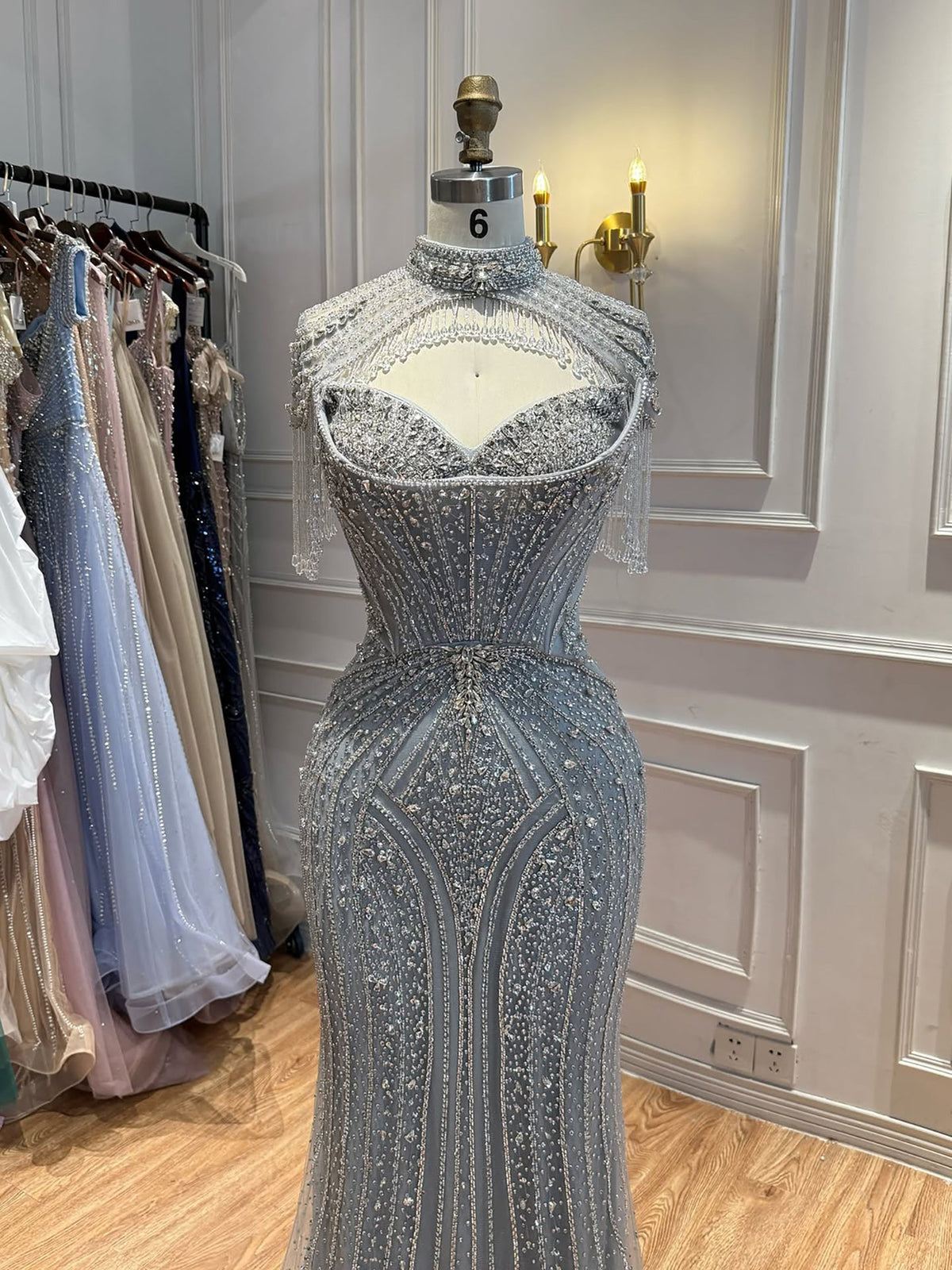 Luxury Silver Nude High Neck Tassel Beaded Mermaid Dress LA73548