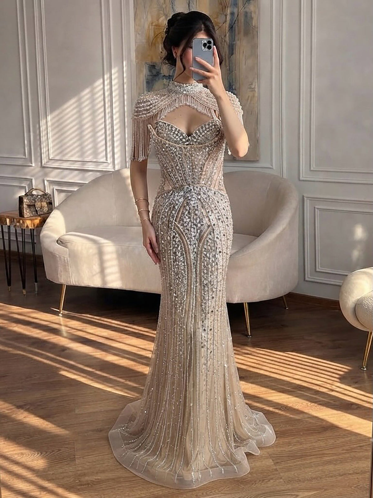 Luxury Silver Nude High Neck Tassel Beaded Mermaid Dress LA73548