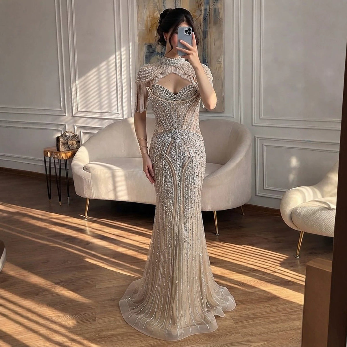Luxury Silver Nude High Neck Tassel Beaded Mermaid Dress LA73548