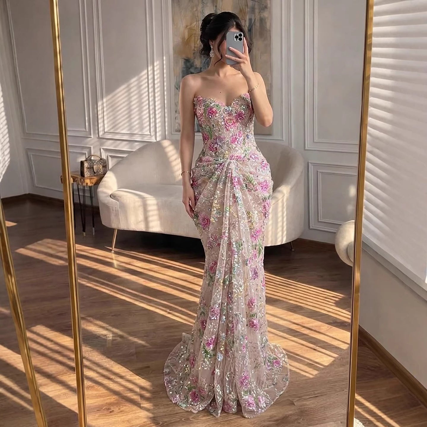 Romantic French-Style Pink Floral Print Strapless Beaded Mermaid Evening Dress LA73552