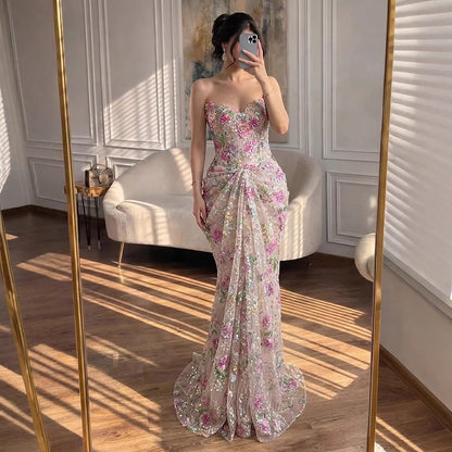 Romantic French-Style Pink Floral Print Strapless Beaded Mermaid Evening Dress LA73552