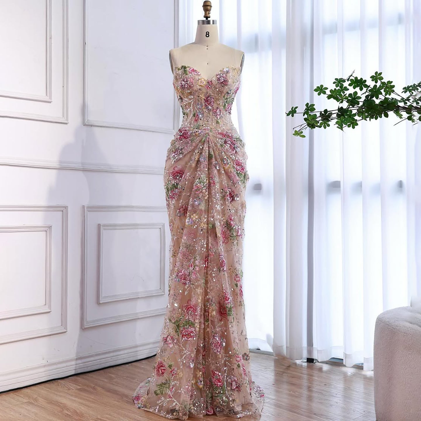 Romantic French-Style Pink Floral Print Strapless Beaded Mermaid Evening Dress LA73552