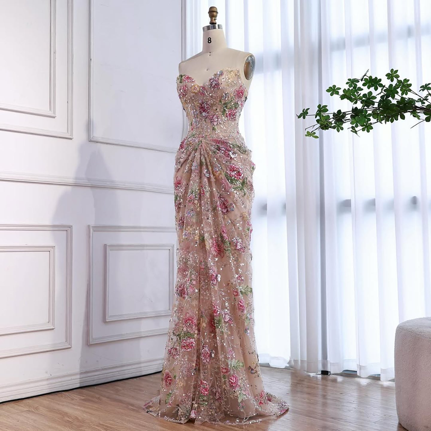 Romantic French-Style Pink Floral Print Strapless Beaded Mermaid Evening Dress LA73552
