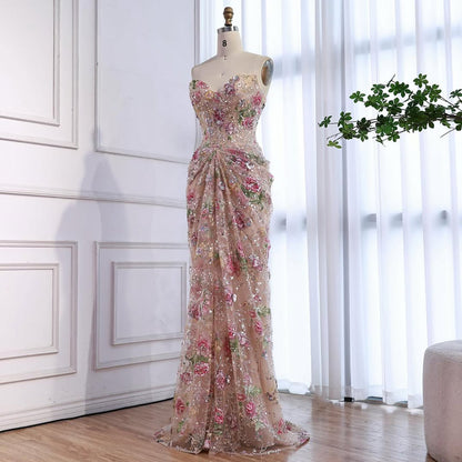 Romantic French-Style Pink Floral Print Strapless Beaded Mermaid Evening Dress LA73552