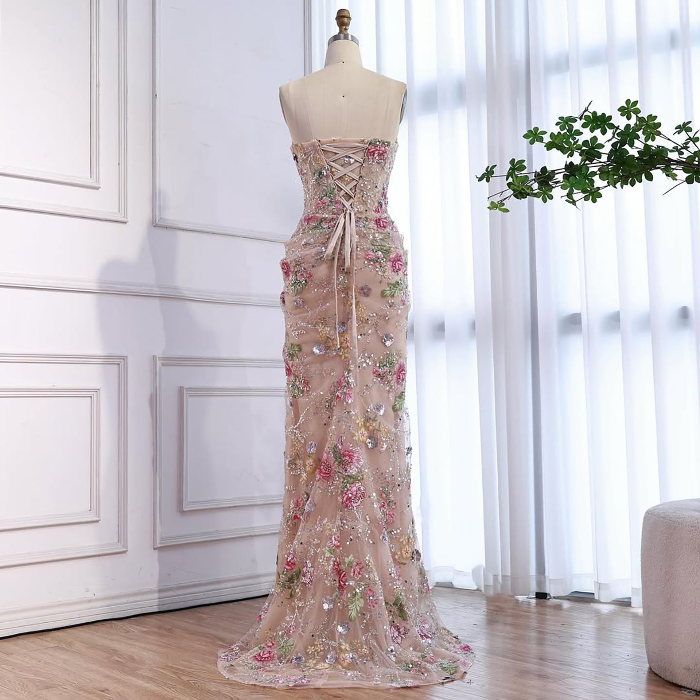 Romantic French-Style Pink Floral Print Strapless Beaded Mermaid Evening Dress LA73552