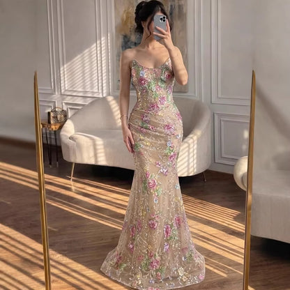 Romantic French-Style Pink Floral Print Beaded Mermaid Evening Dress LA73552A