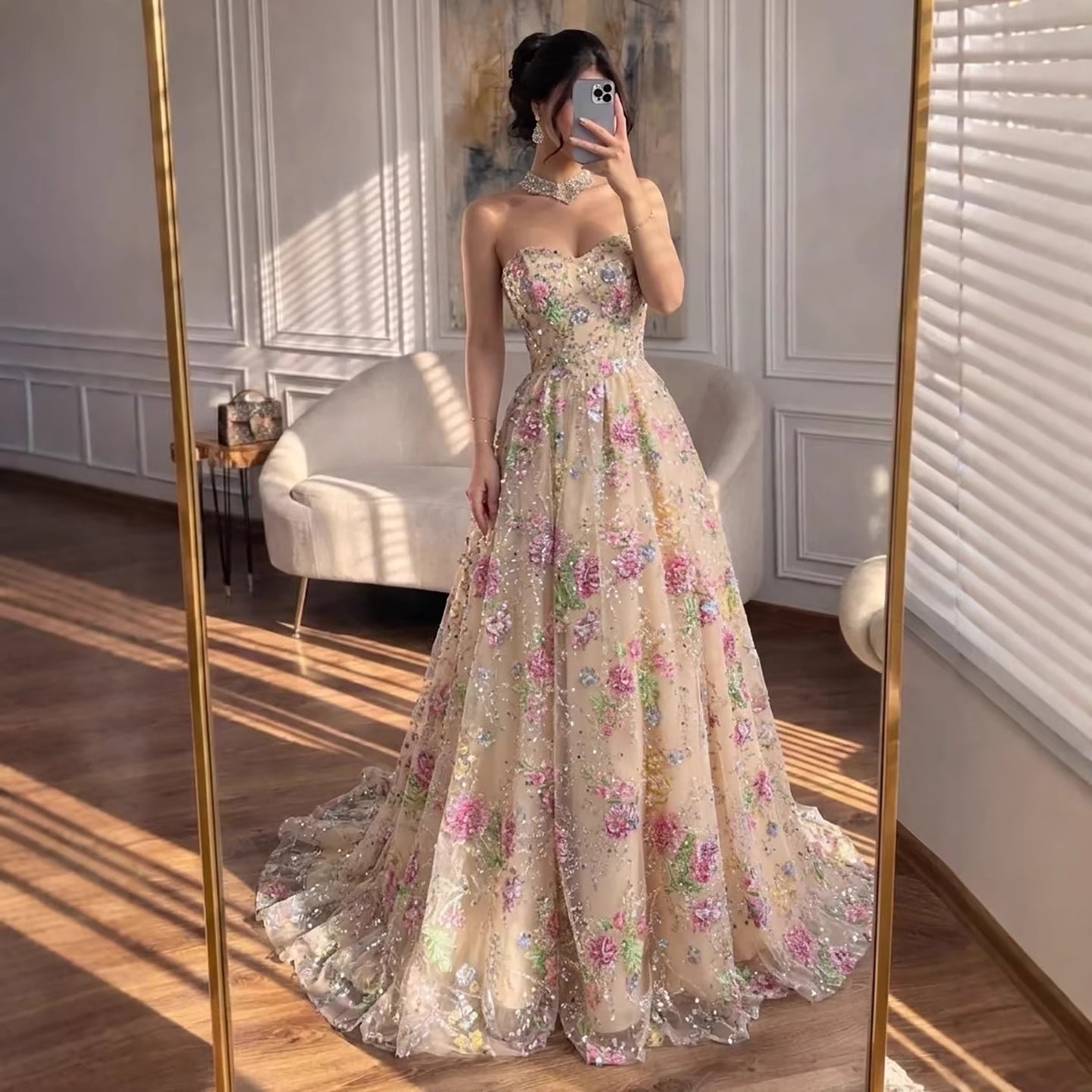 Romantic French-Style Pink Floral A-Line Evening Dress Ball Gown LA73552D
