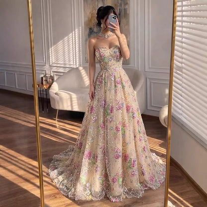 Romantic French-Style Pink Floral A-Line Evening Dress Ball Gown LA73552D