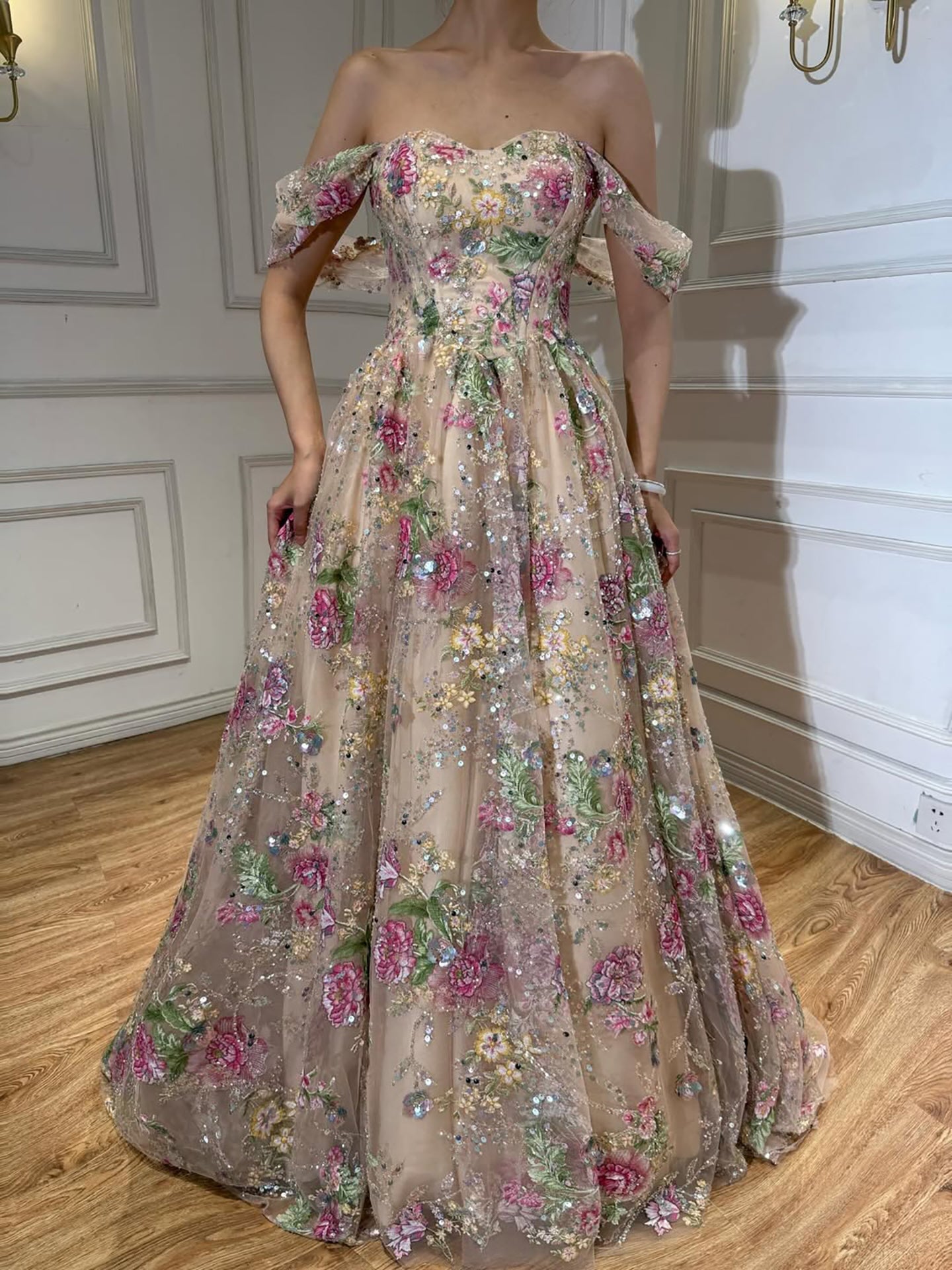 Romantic French-Style Pink Floral A-Line Evening Dress Ball Gown LA73552D