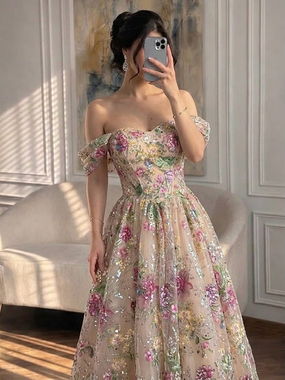 Romantic French-Style Pink Floral A-Line Evening Dress Ball Gown LA73552D