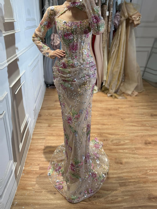 Luxury Nude Pink Beaded Long Sleeve Mermaid Evening Dress LA73552FF